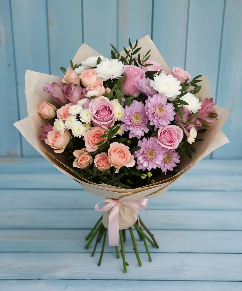 Букет цветов из: Хризантемы, Розы и Альстромерии в Посёлок Гжельского кирпичного завода