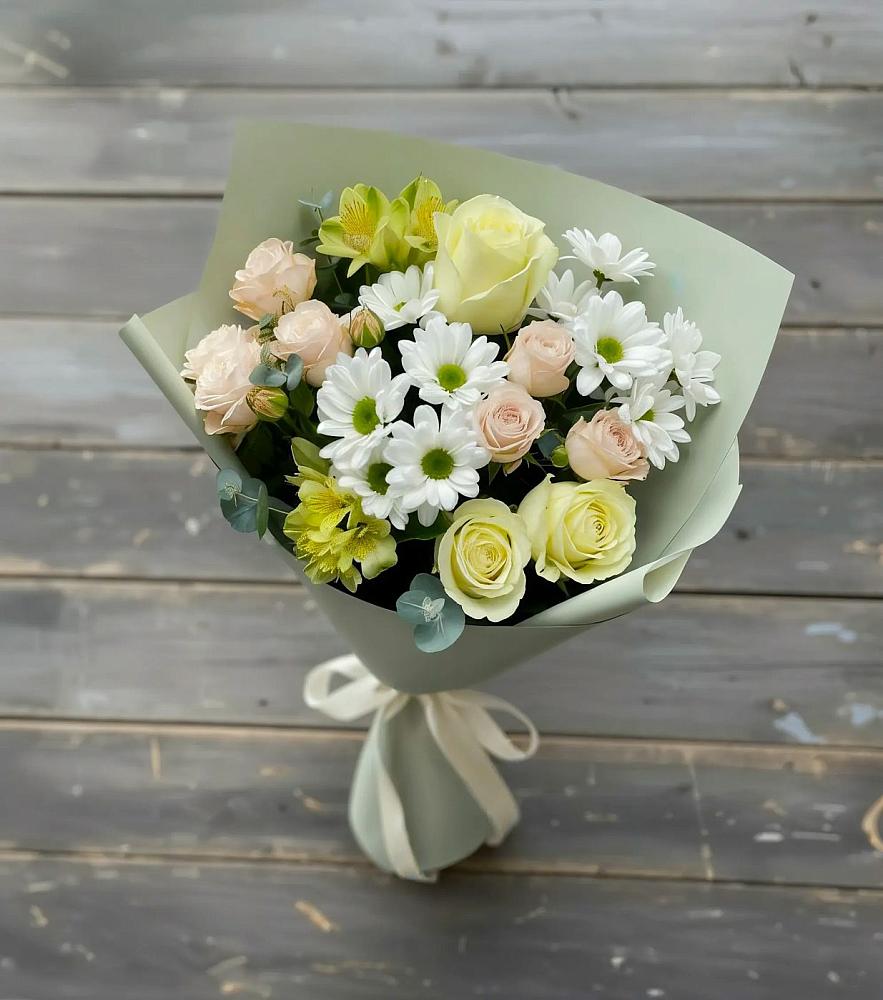 Букет цветов из: Альстромерии, Розы и Хризантемы в Посёлок Гжельского кирпичного завода