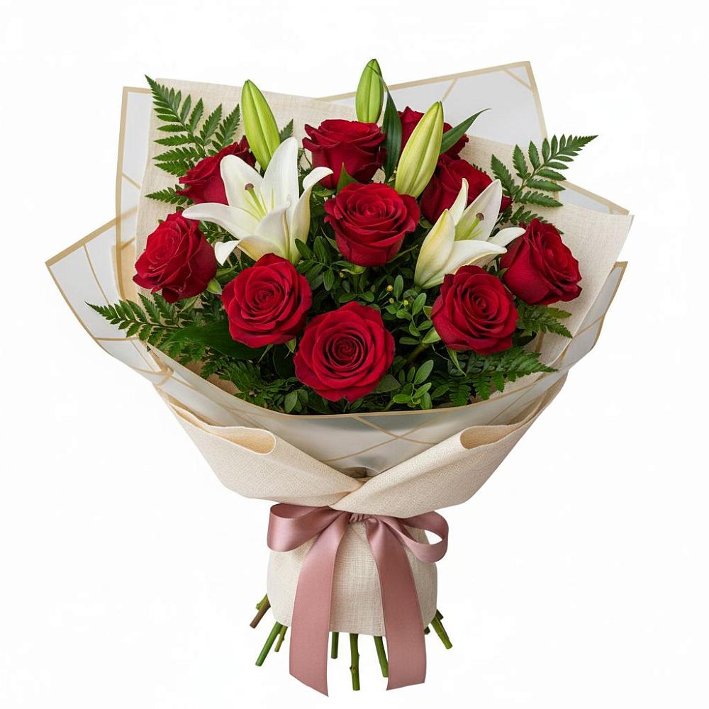 Букет цветов из: Лилии и Розы в Посёлок Гжельского кирпичного завода