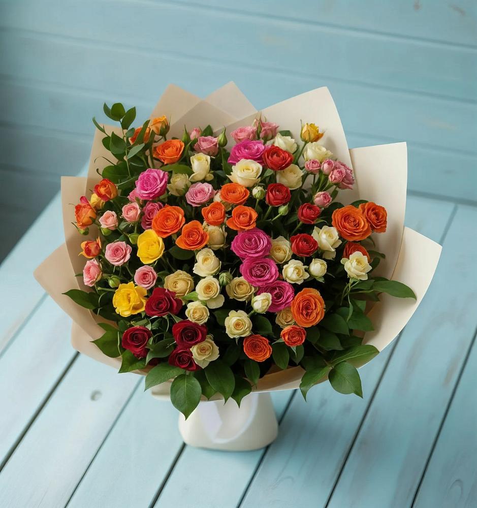 Букет Микс из разноцветных кустовых роз в Посёлок Гжельского кирпичного завода