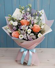 Букет цветов из:  Лизиантусы, Розы, Альстромерии и Гипсофила в Посёлок Гжельского кирпичного завода