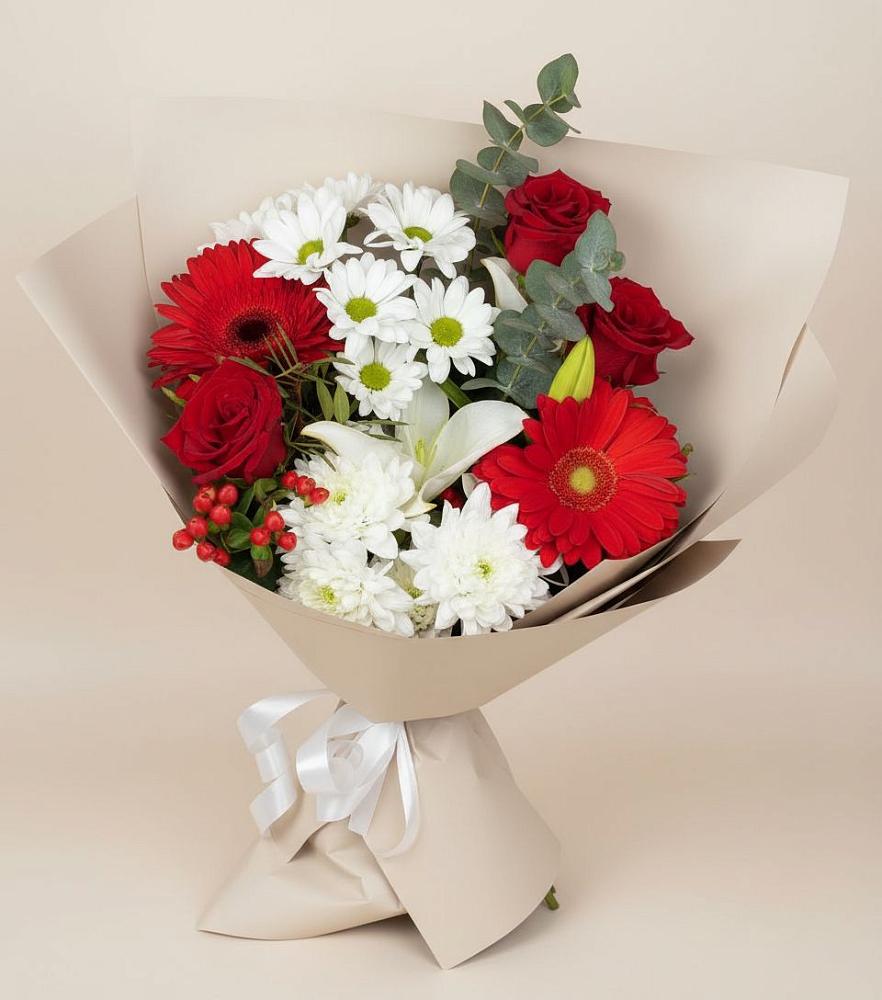 Букет цветов из: Розы, Хризантемы, Герберы и Лилии в Посёлок Гжельского кирпичного завода