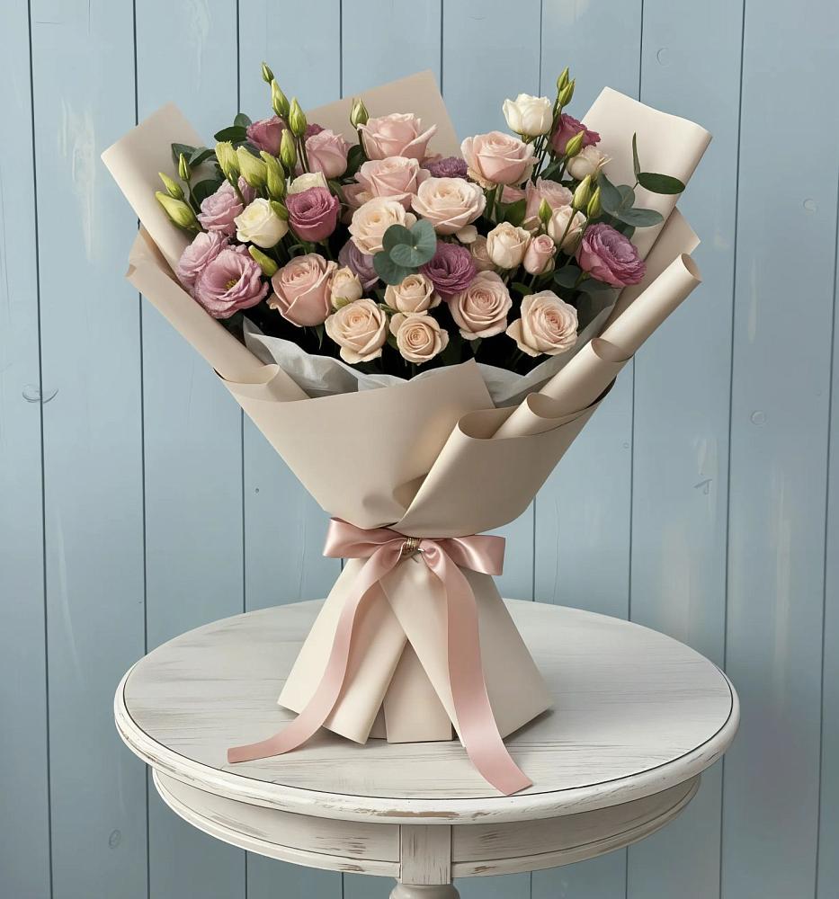 Букет цветов из: Розы и Лизиантусы в Посёлок Гжельского кирпичного завода