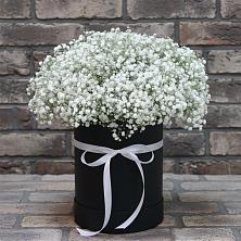 Цветочная композиция из Гипсофила в шляпной коробке в Посёлок Гжельского кирпичного завода