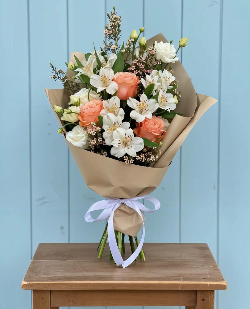 Букет цветов из: Альстромерии, Лизиантусы, Розы и Хризантемы в Посёлок Гжельского кирпичного завода