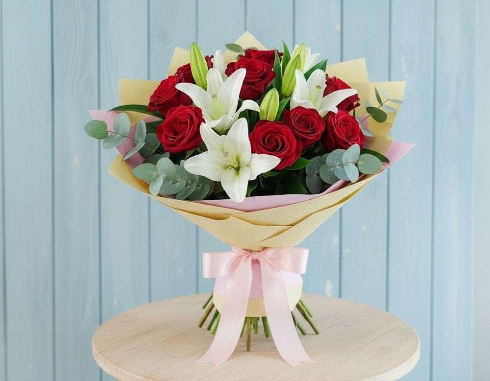 Букет цветов из: Лилии и Розы в Посёлок Гжельского кирпичного завода