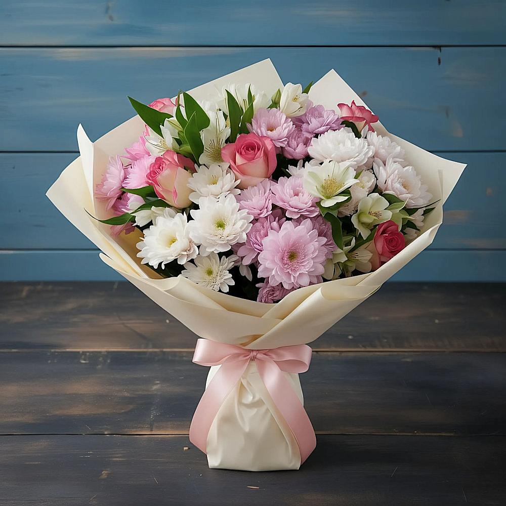 Букет цветов из: Хризантемы, Альстромерии и Розы в Посёлок Гжельского кирпичного завода